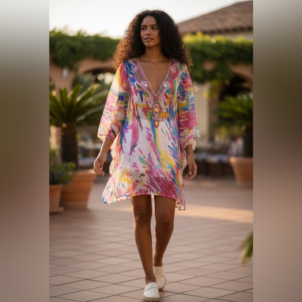 #250 UNBRANDED Beaded Watercolor Swim Cover up